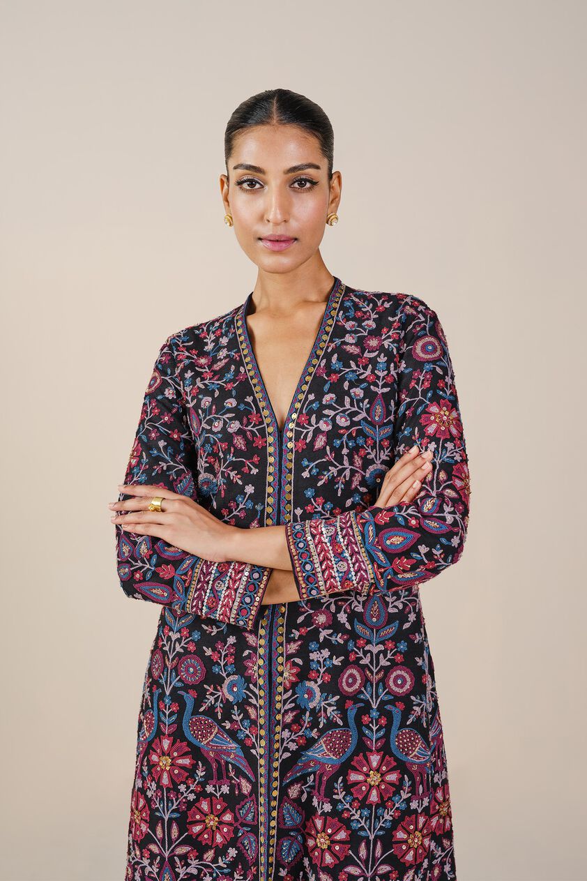 Starlit Serenade SEWA Hand-embroidered Silk Jacket Set - Black, Black, image 5